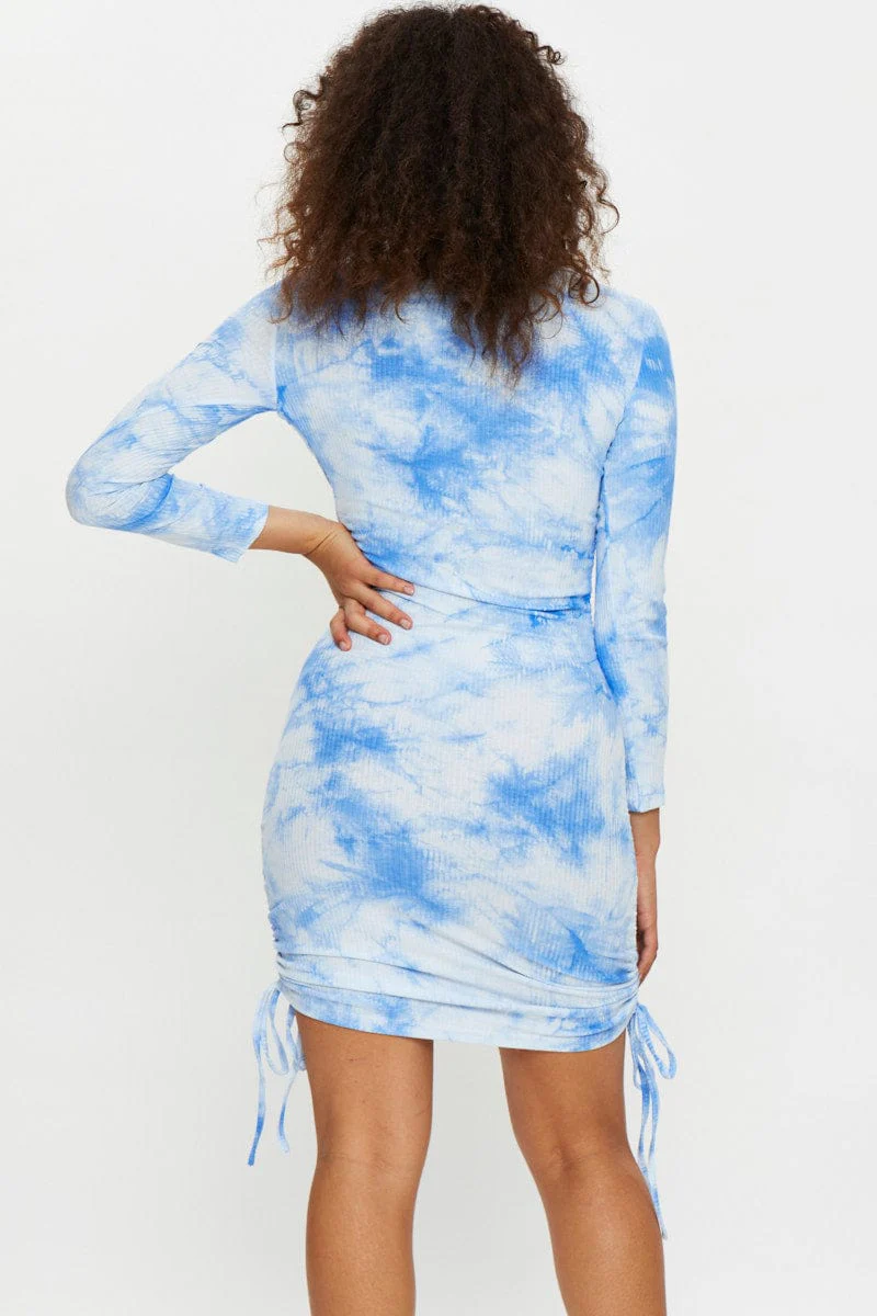Print Tie Dye Ruched Drawstring Dress