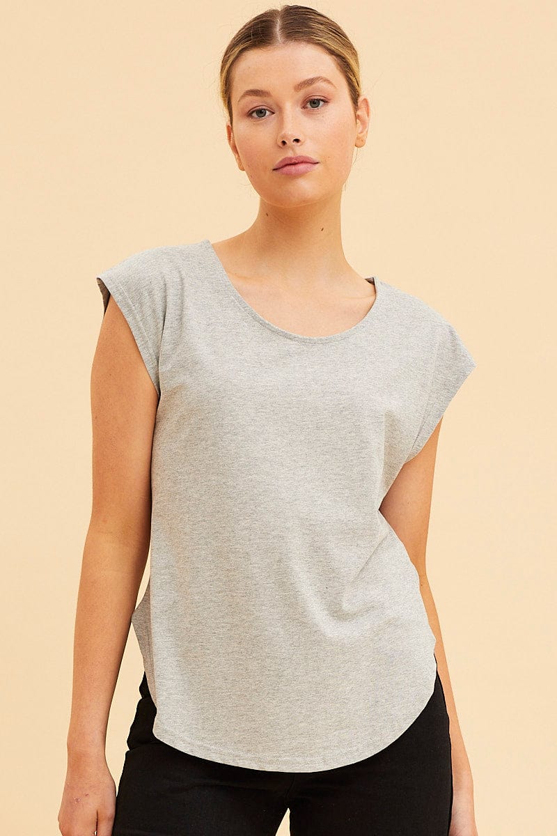 Grey Relaxed T-Shirt Drop Shoulder Curved Hem Crew Neck
