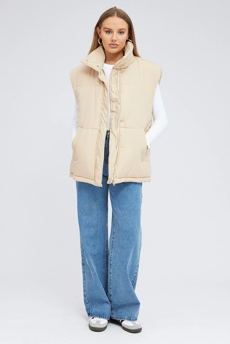 Beige Puffer Sleeveless Zip Thru