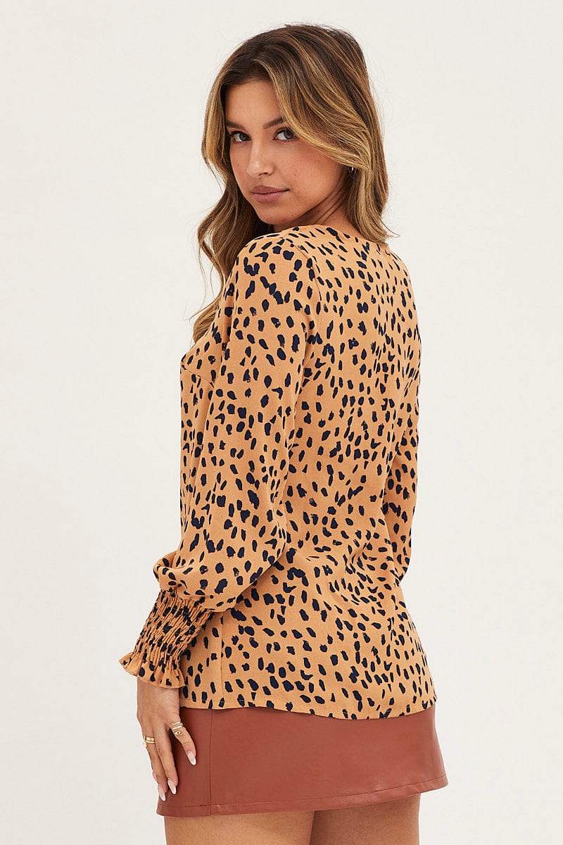 Geo Print Button Front Top Long Sleeve V-Neck