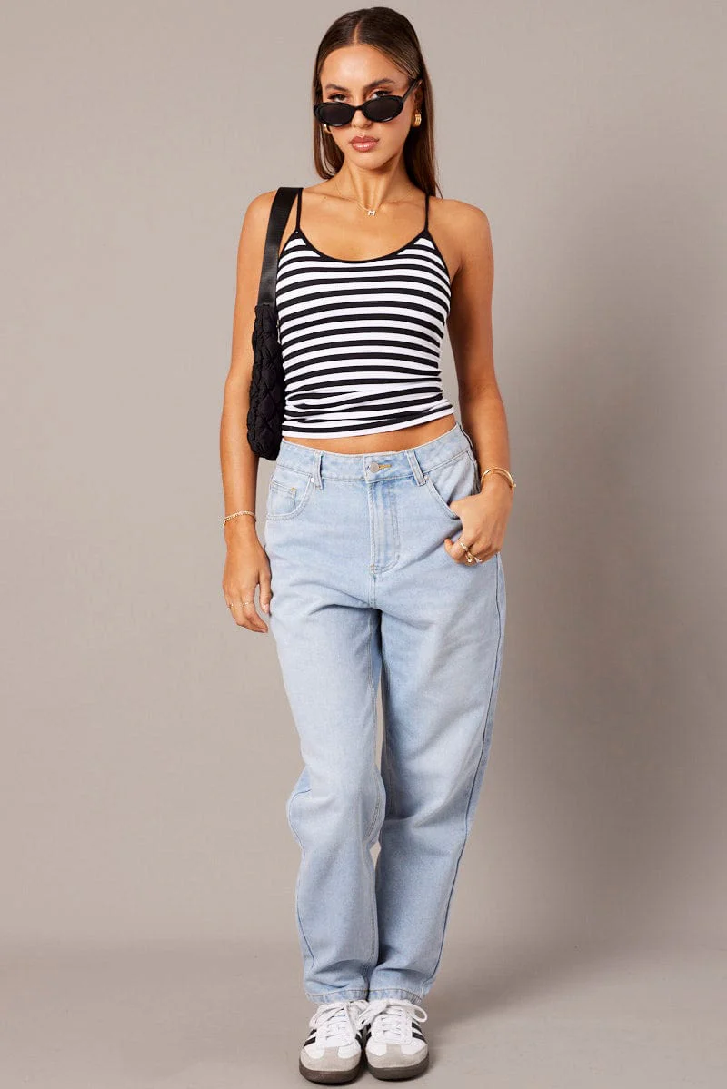 Black Stripe Singlet Top Sleeveless Scoop Neck Seamless