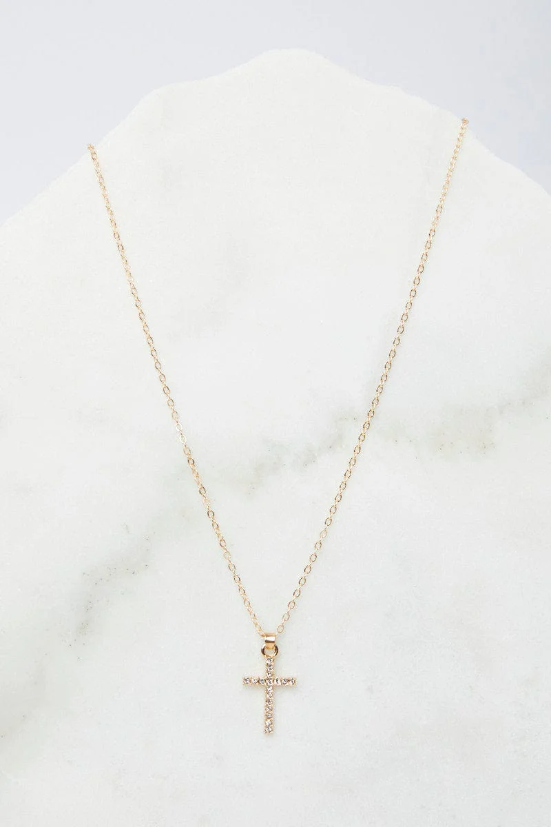 Gold Rhinestones Cross Pendent Necklace
