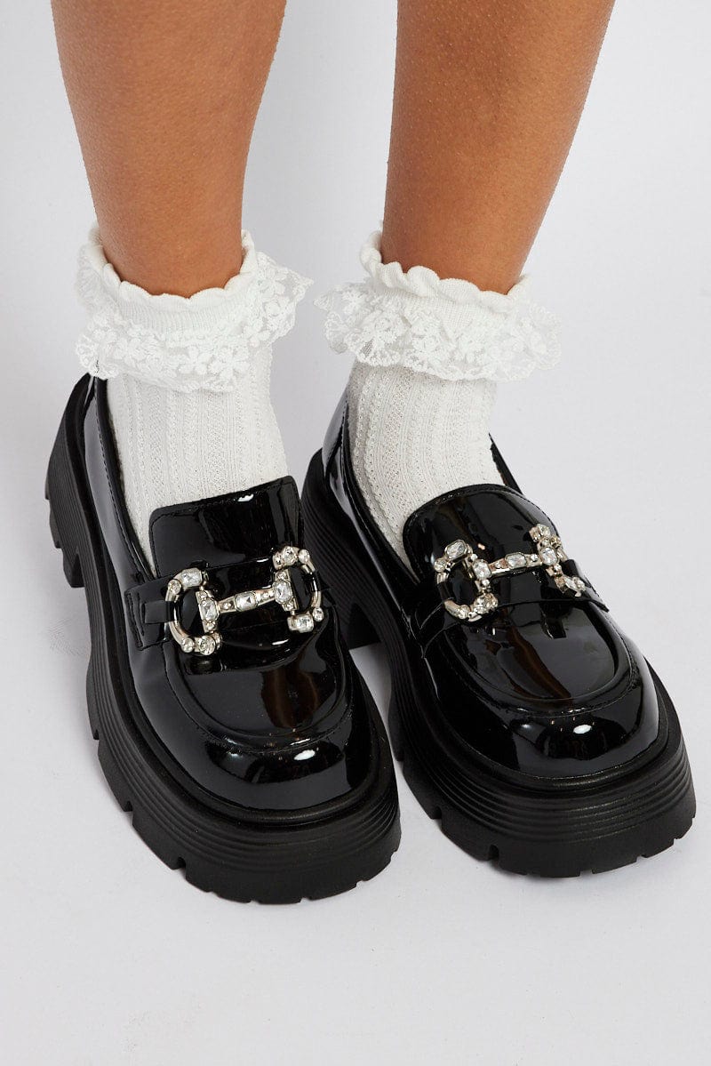 Black Rhinestone Detail Chunky Sole Loafers