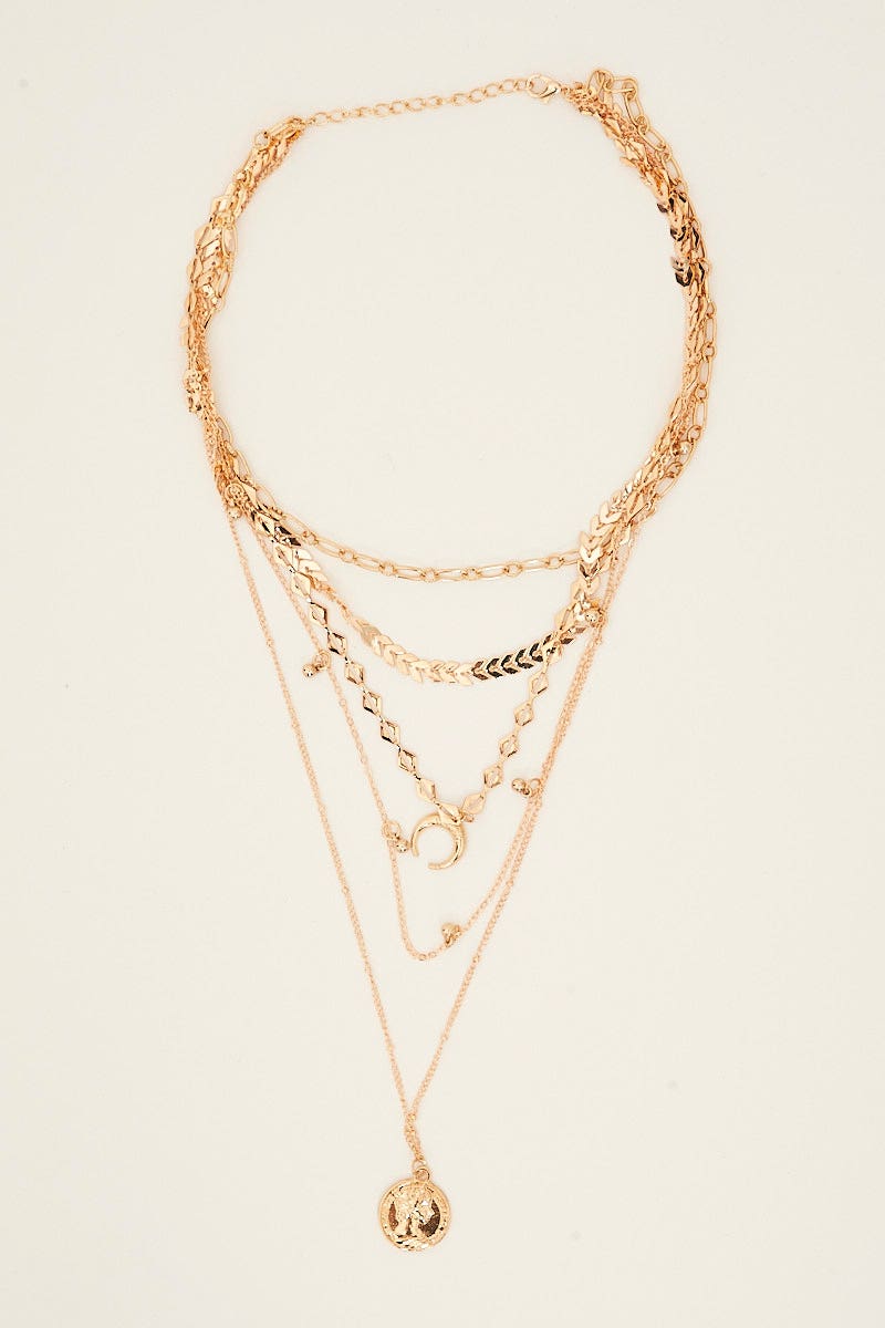 Gold Moon And Coin Charm Layered Necklace