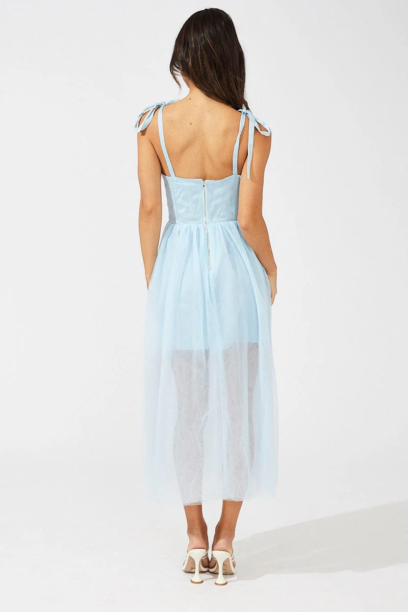Blue Midi Dress Tulle Corset Detail Occasion Dress