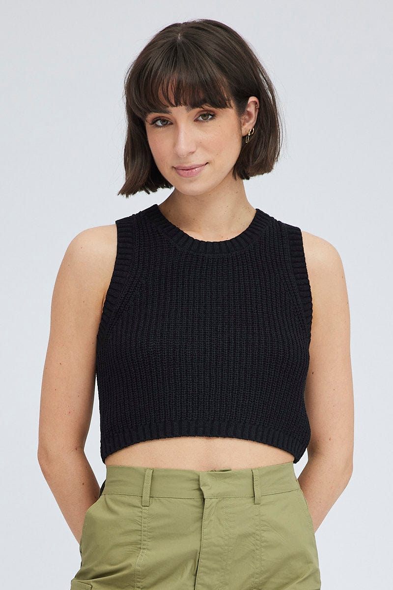 Black Knit Vest Crew Neck