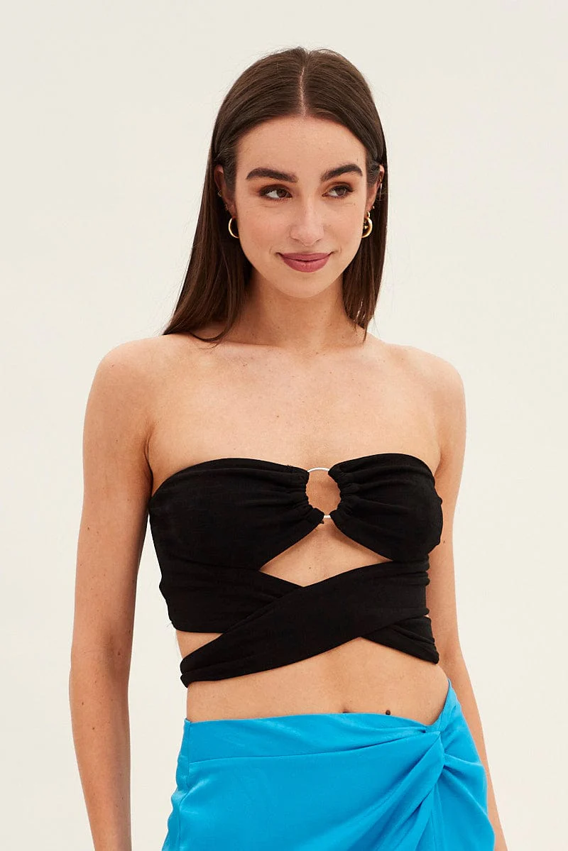 Black Ring Detail Strapless Crop Top