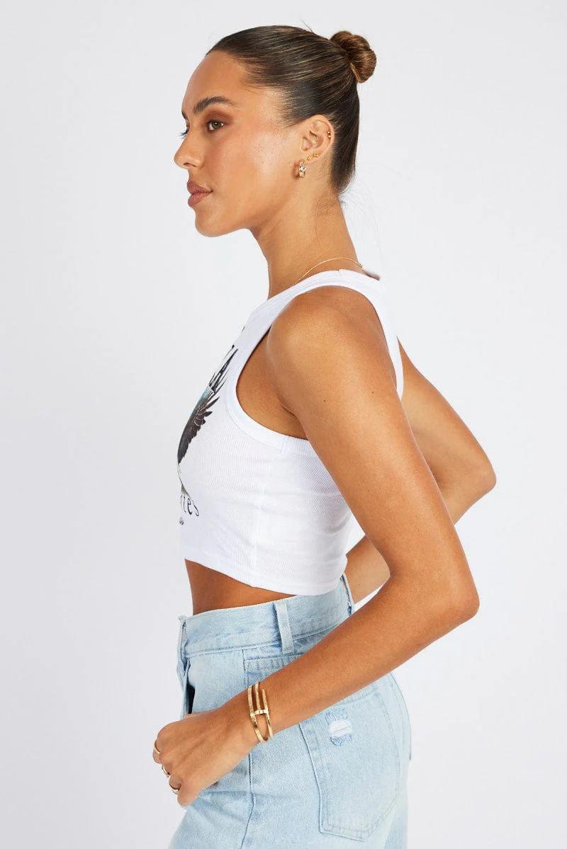 White Graphic Tank Top Eagle Alaska Crop Top