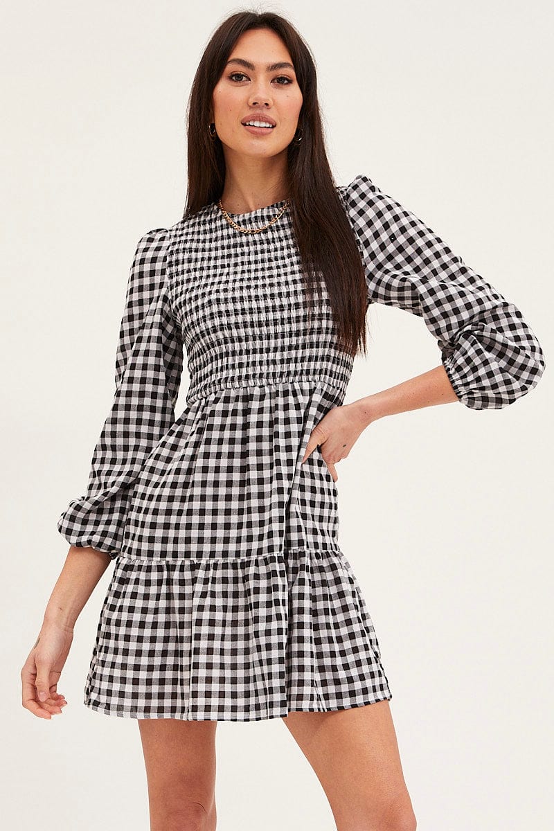 Check Skater Dress Long Sleeve Mini