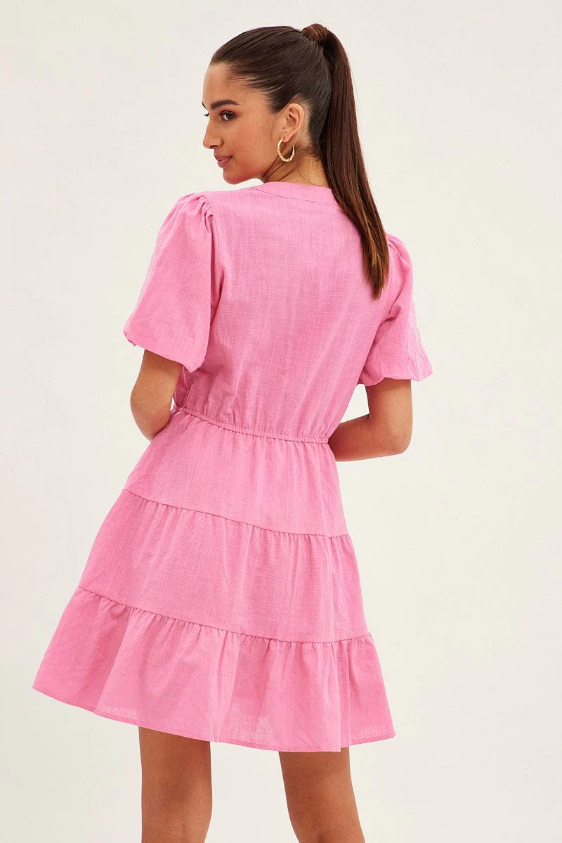 Pink Shirt Dress Short Sleeve V-Neck Tiered