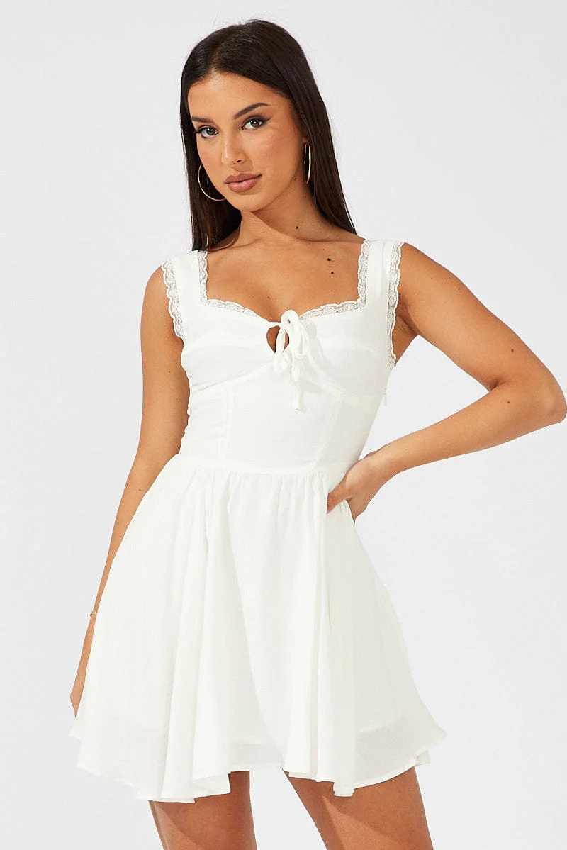 White Fit and Flare Dress Sleeveless Lace Trim