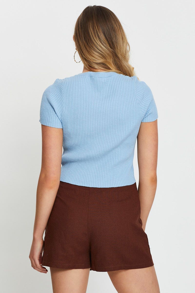 Blue Knit Cardigan Short Sleeve Crop V-Neck