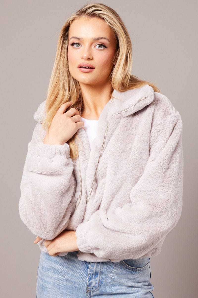 Grey Plush Faux Fur Zip Through Long Sleeve Jacket
