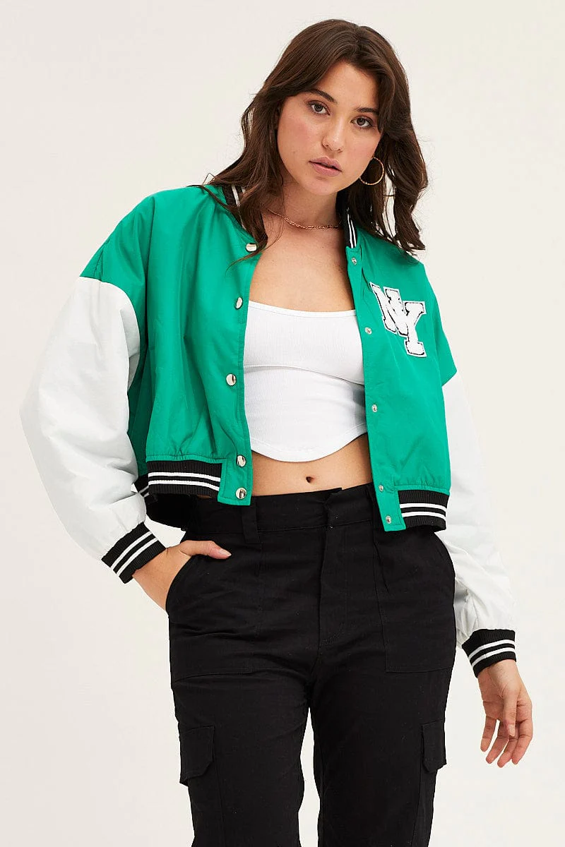 Green Cropped Varsity Bomber Jacket