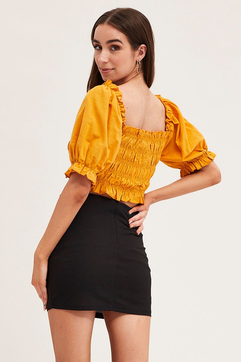 Orange Crop Top Short Sleeve Shirred