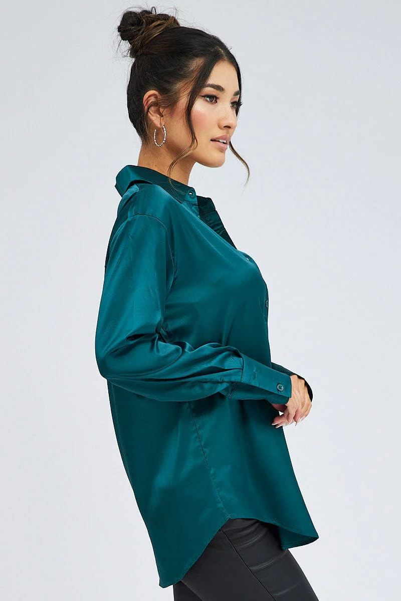 Green Shirt Long Sleeve Collared Neck Satin