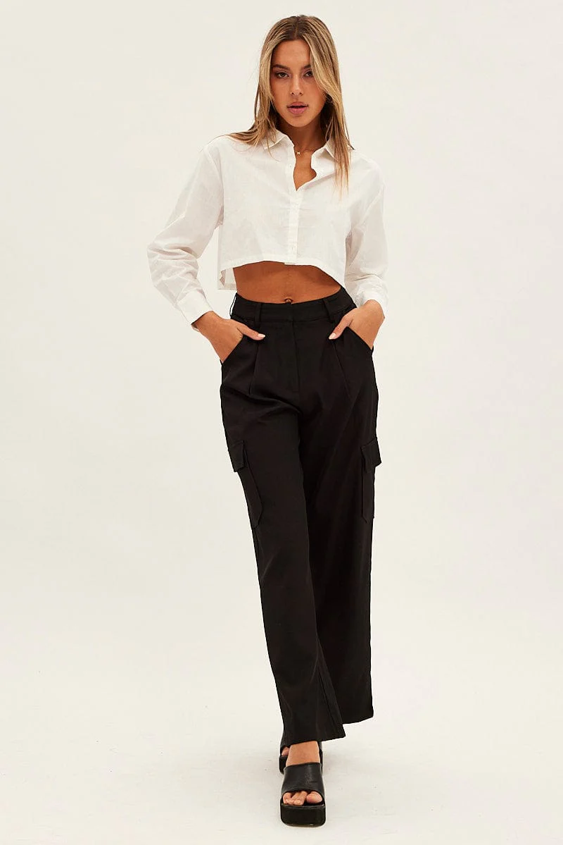 Black Wide Leg Pants High Rise Cargo Tailored