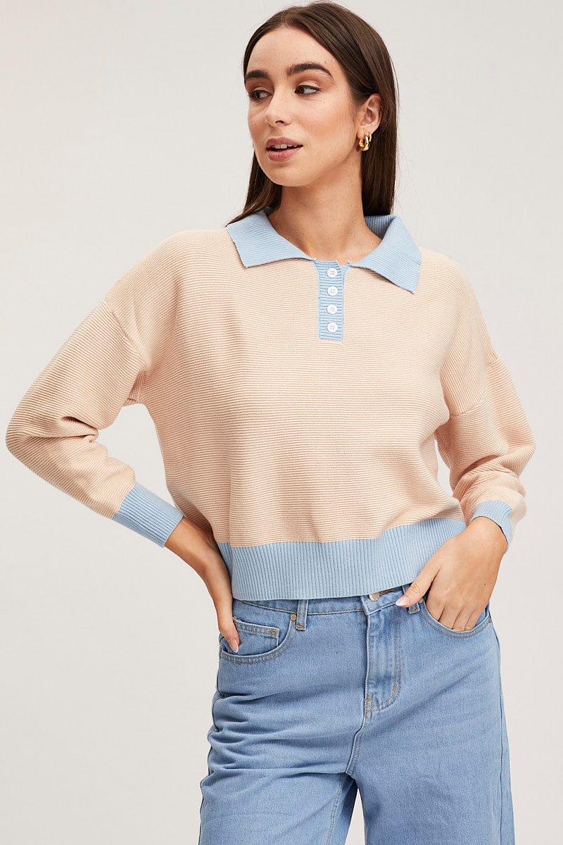 Beige Knit Top Long Sleeve Collared