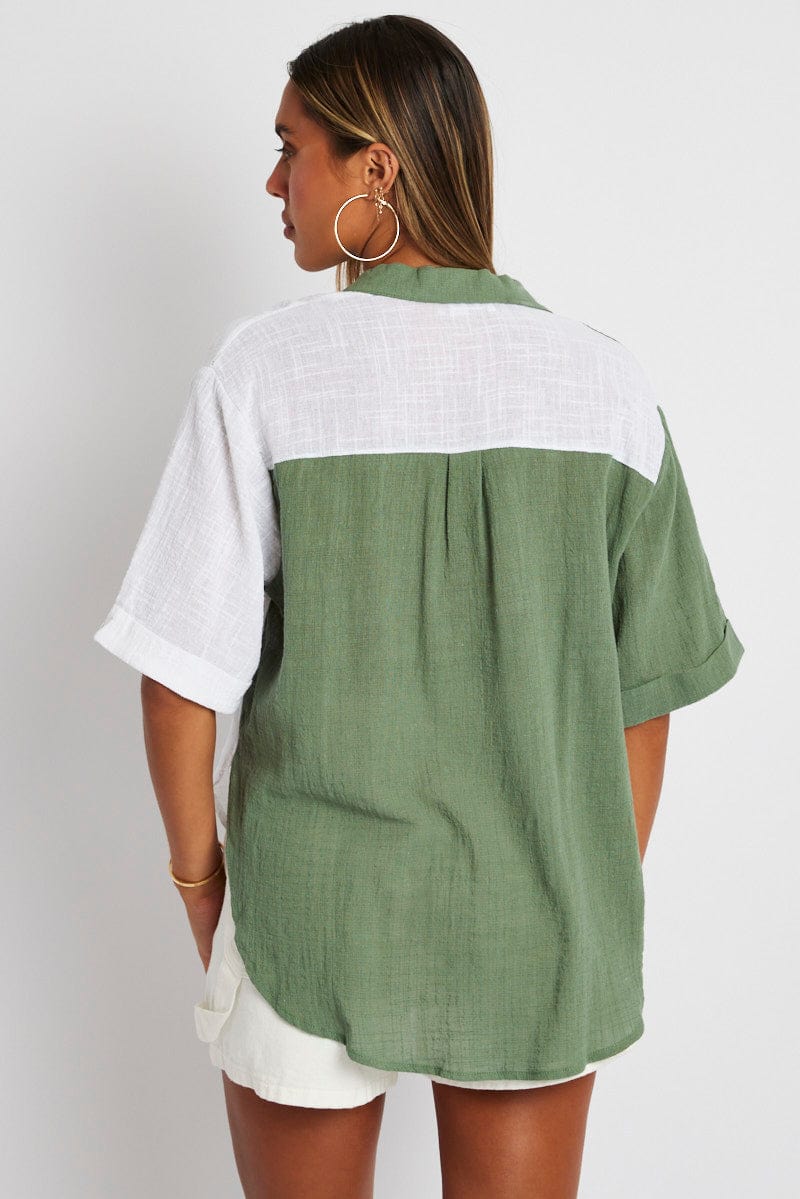 Green Colour Block Shirt Half Sleeve Relaxed