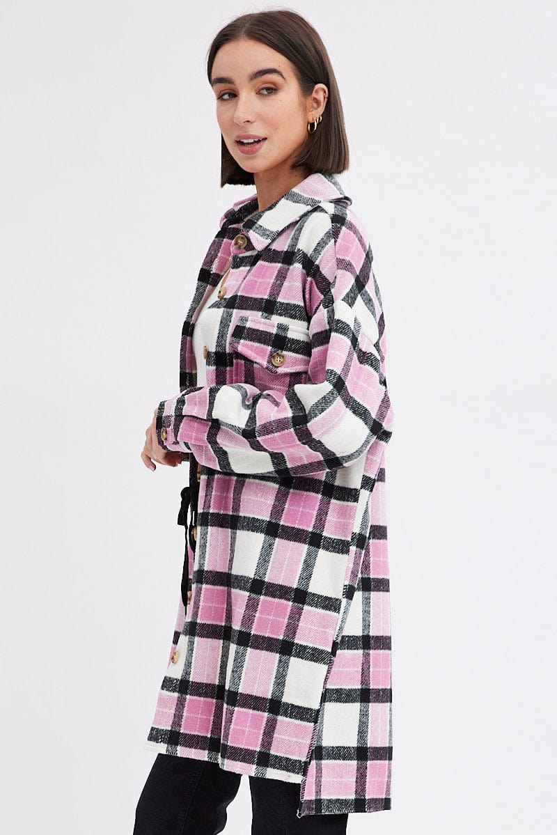 Pink Check Check Long Shacket Long Sleeve