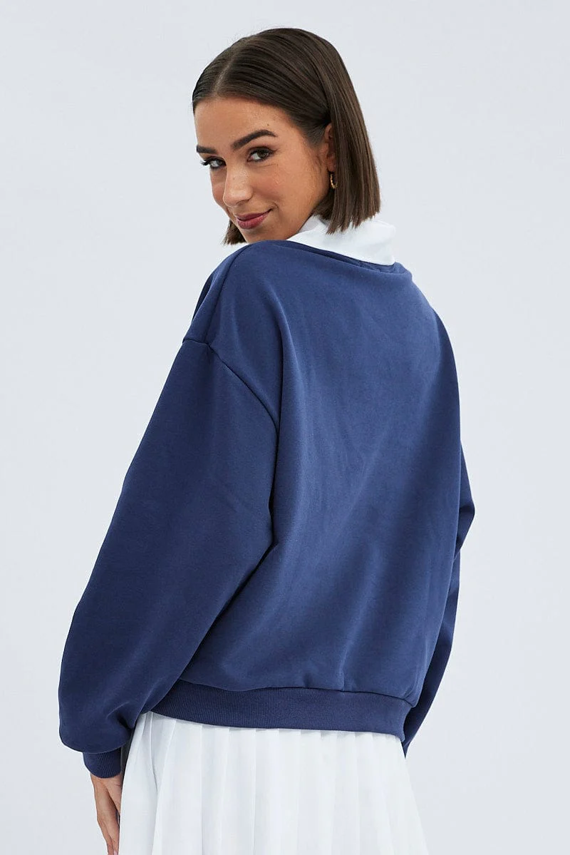 Blue Embroidered Sweater With Collar Varsity Sweat
