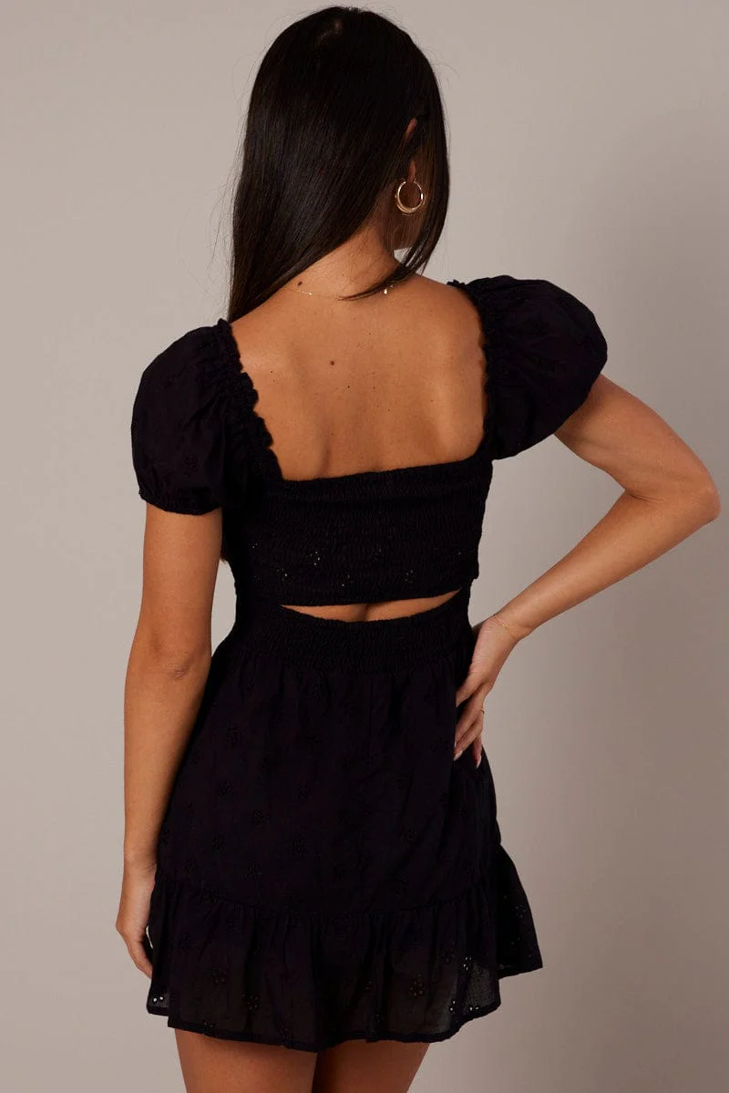 Black Fit and Flare Dress Short Sleeve