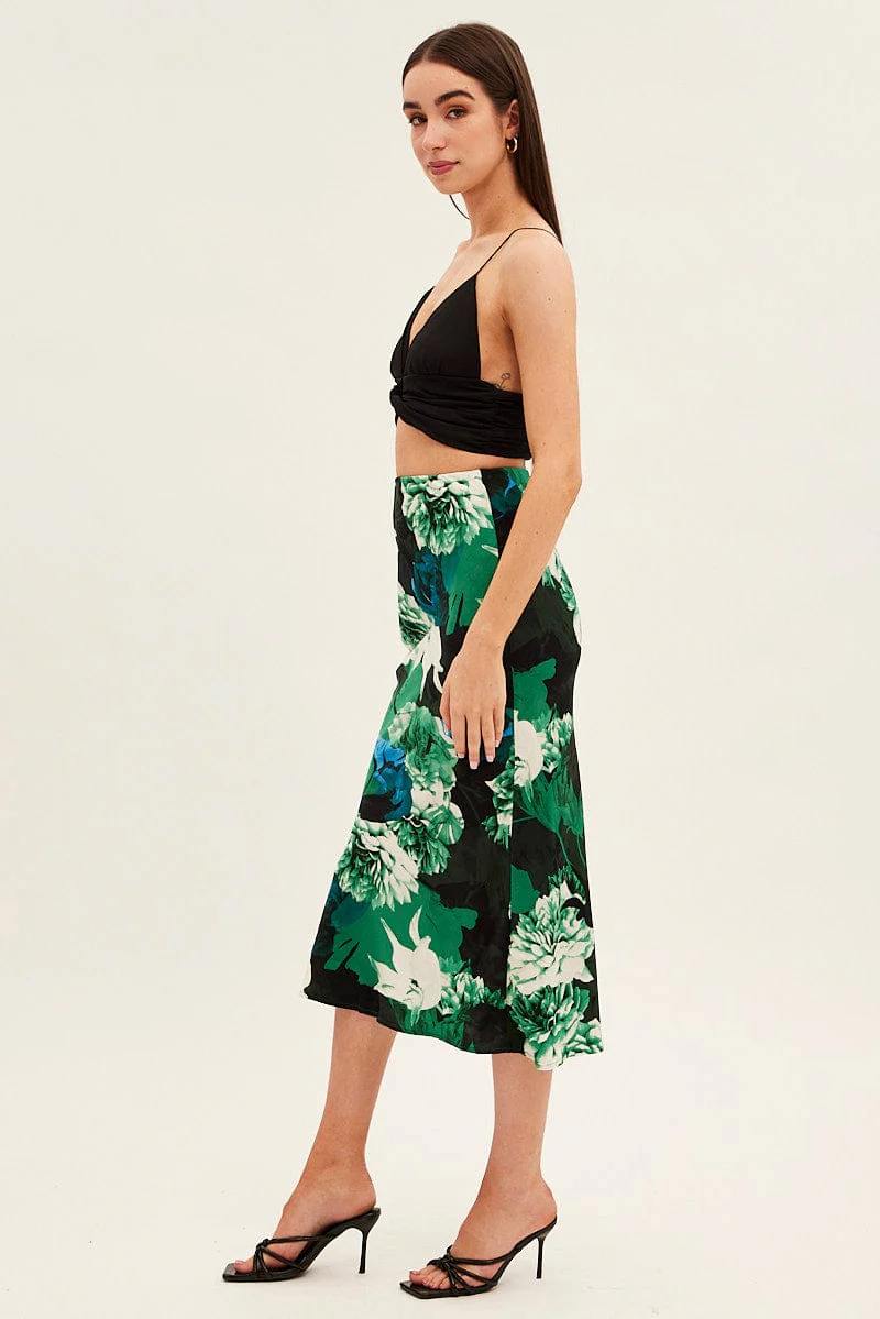 Green Floral Slip Skirt Midi Floral Satin