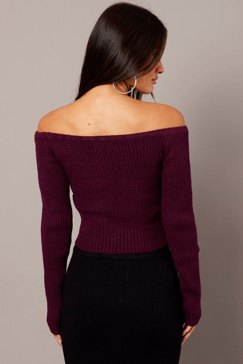 Red Knit Top Long Sleeve Off Shoulder