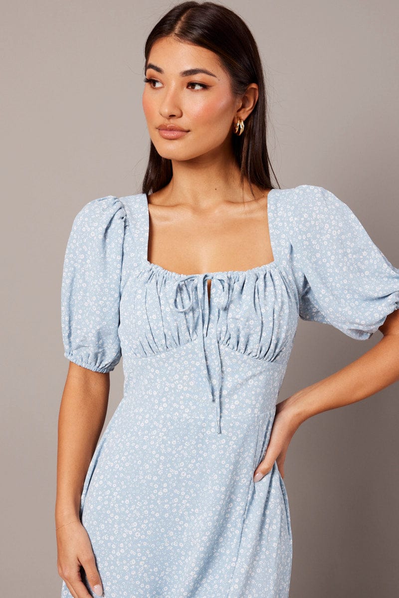 Blue Ditsy Midi Dress Short Sleeve Ruched Bust