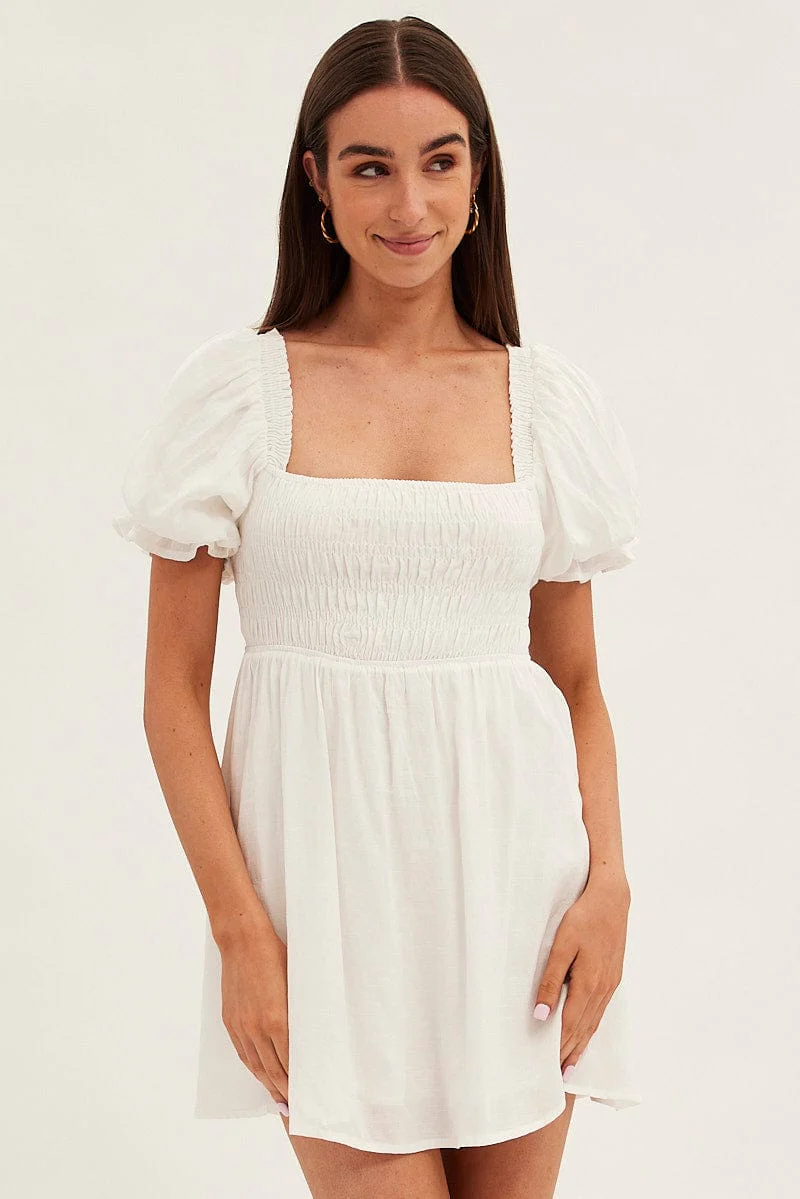 White Skater Dress Square Neck Short Sleeve