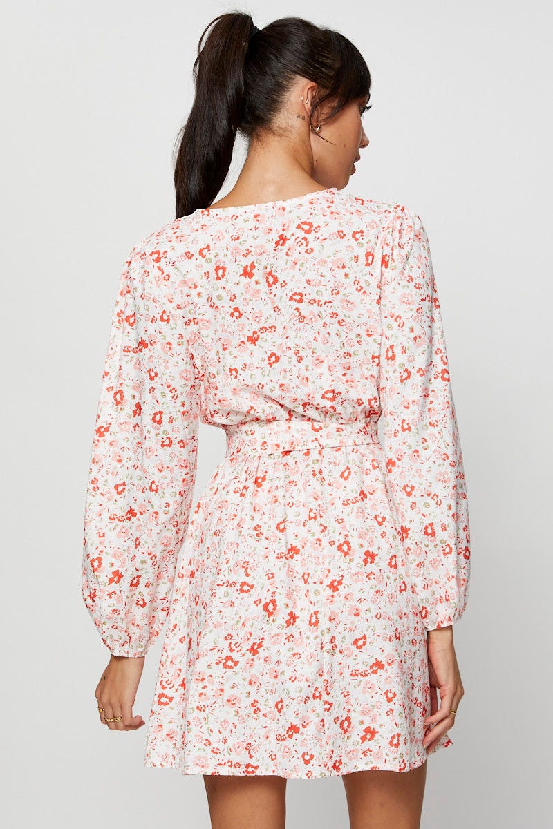 Print Wrap Dress Long Sleeve Mini