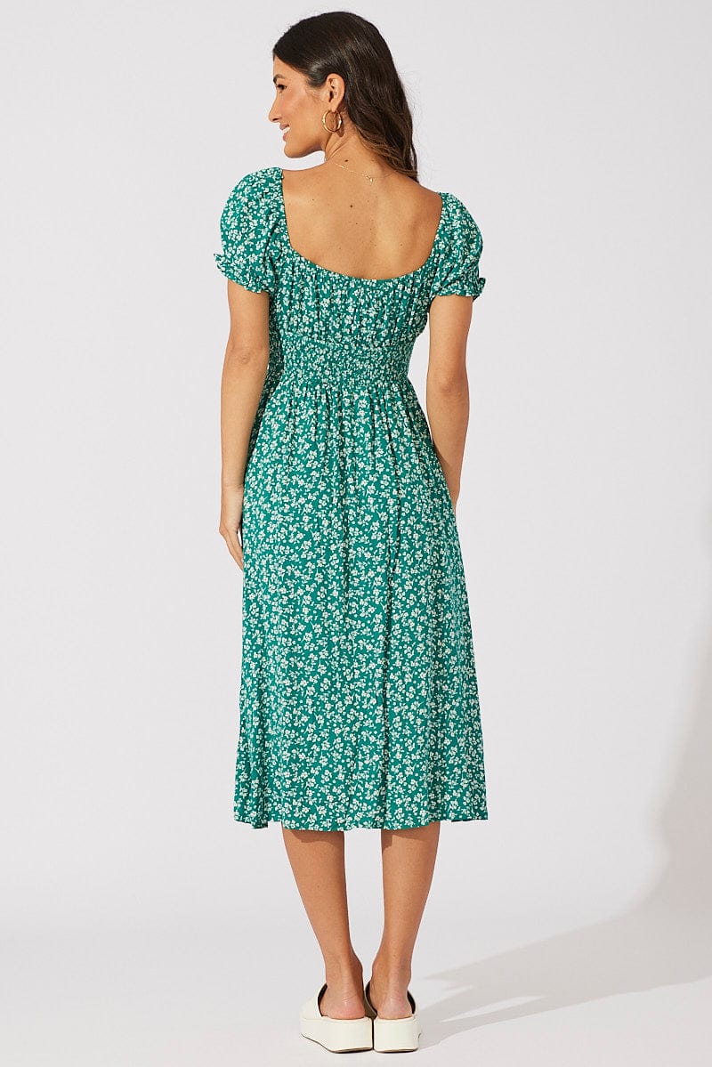 Green Ditsy Midi Dress Short Sleeve Shirred Waist