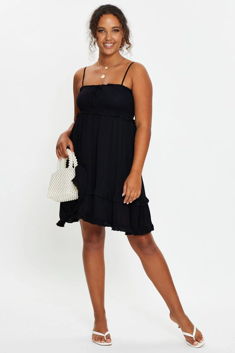 Black Sleeveless Shirred Ruffle Summer Dress