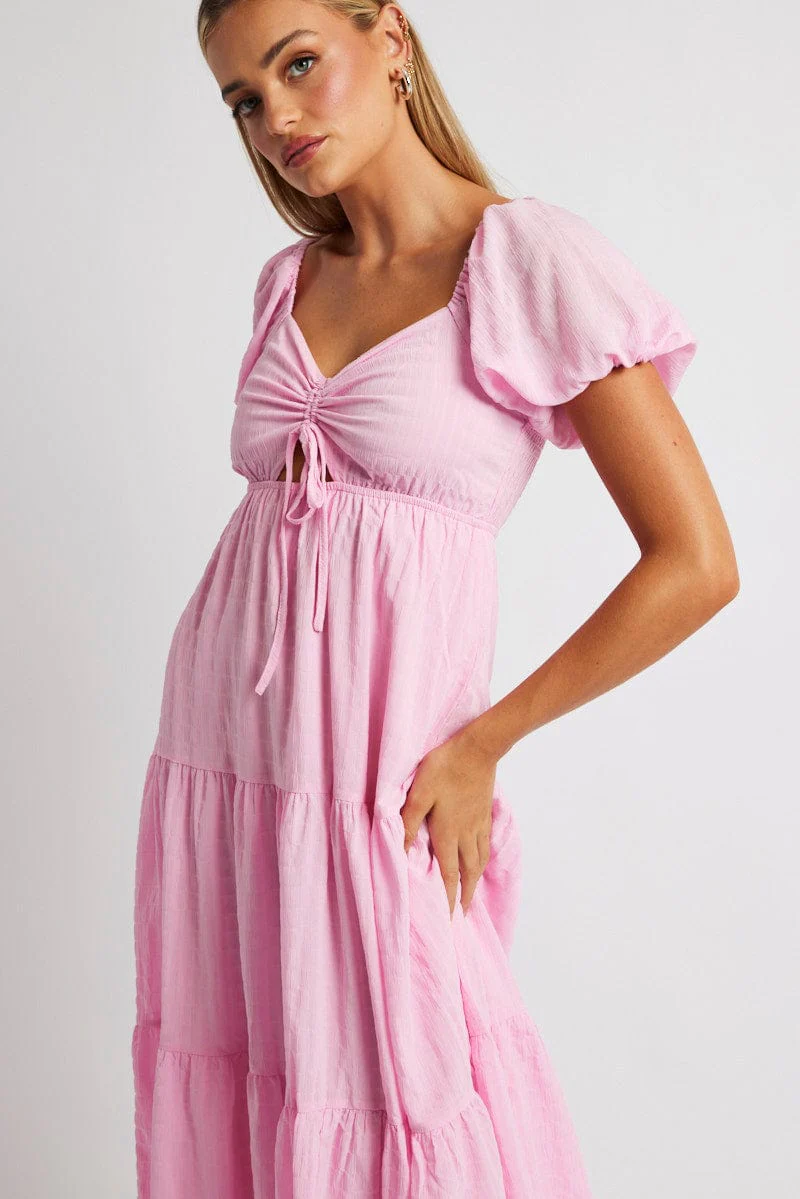 Pink Midi Dress Puff Sleeve Ruch Front