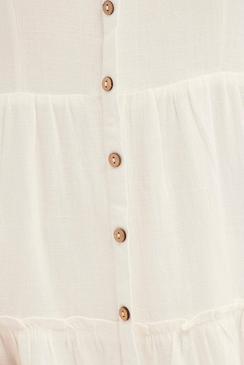 White Dress Square Neck Short Sleeve Tiered Button Front