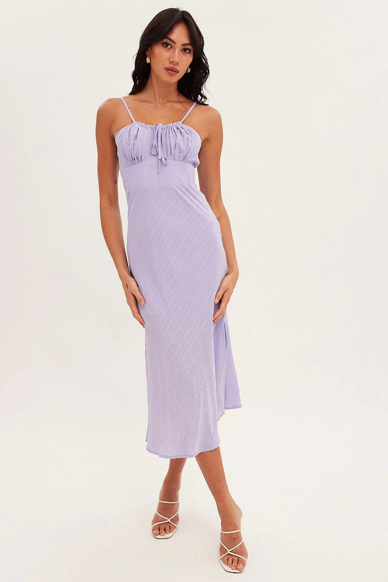 Purple Midi Dress Sleeveless Ruched Bust