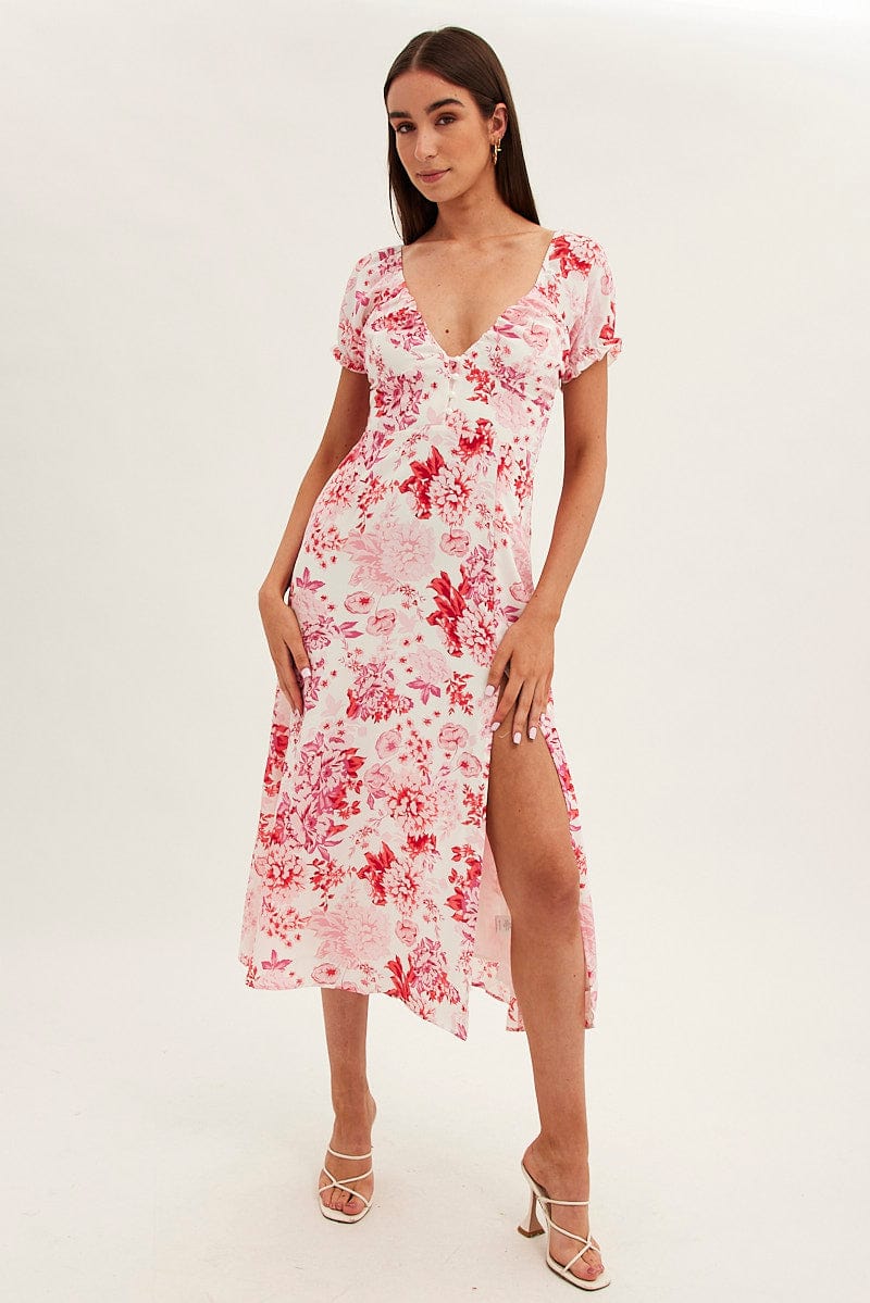 Pink Floral Midi Dress Short Sleeve Sweet Heart Neck