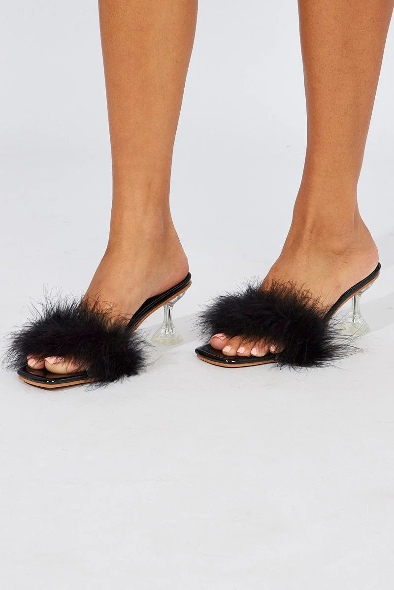 Black Faux Fur Heeled Mules Sandals