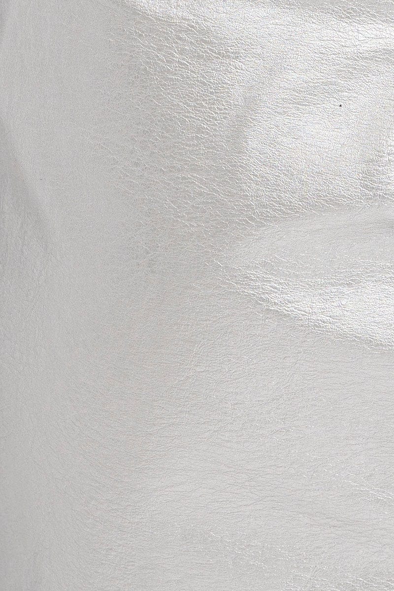 Metallic Mini Skirt Mid Rise PU Faux Leather Silver