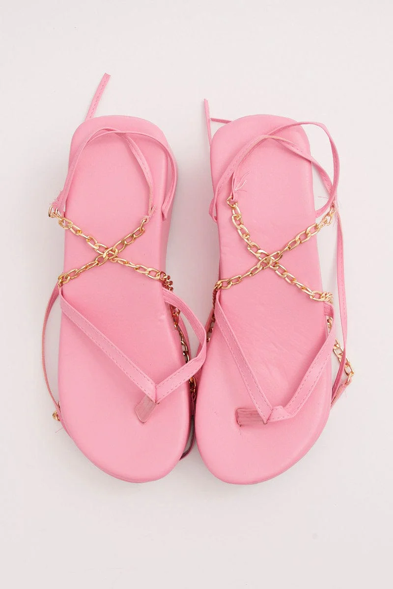 Pink Chain Decor Tie Leg Toe Post Wedge Thong Sandals