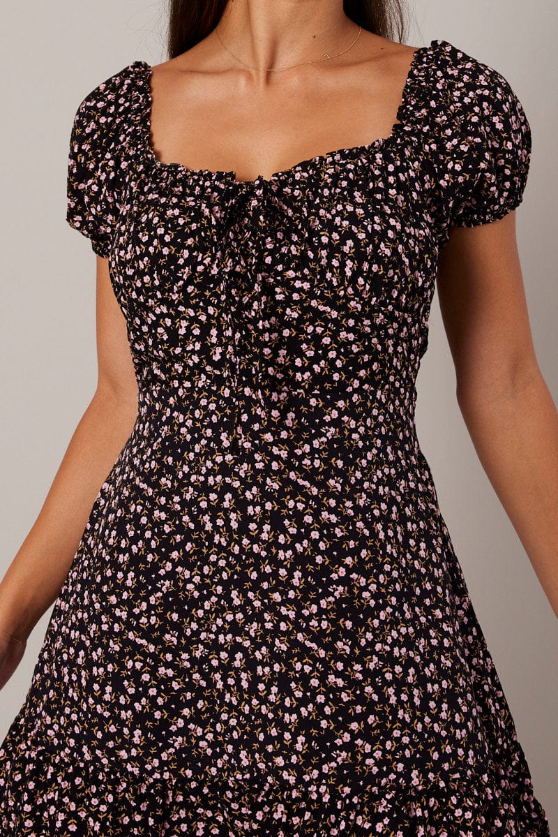 Black Ditsy Fit and Flare Dress Short Sleeve Lace Up Front