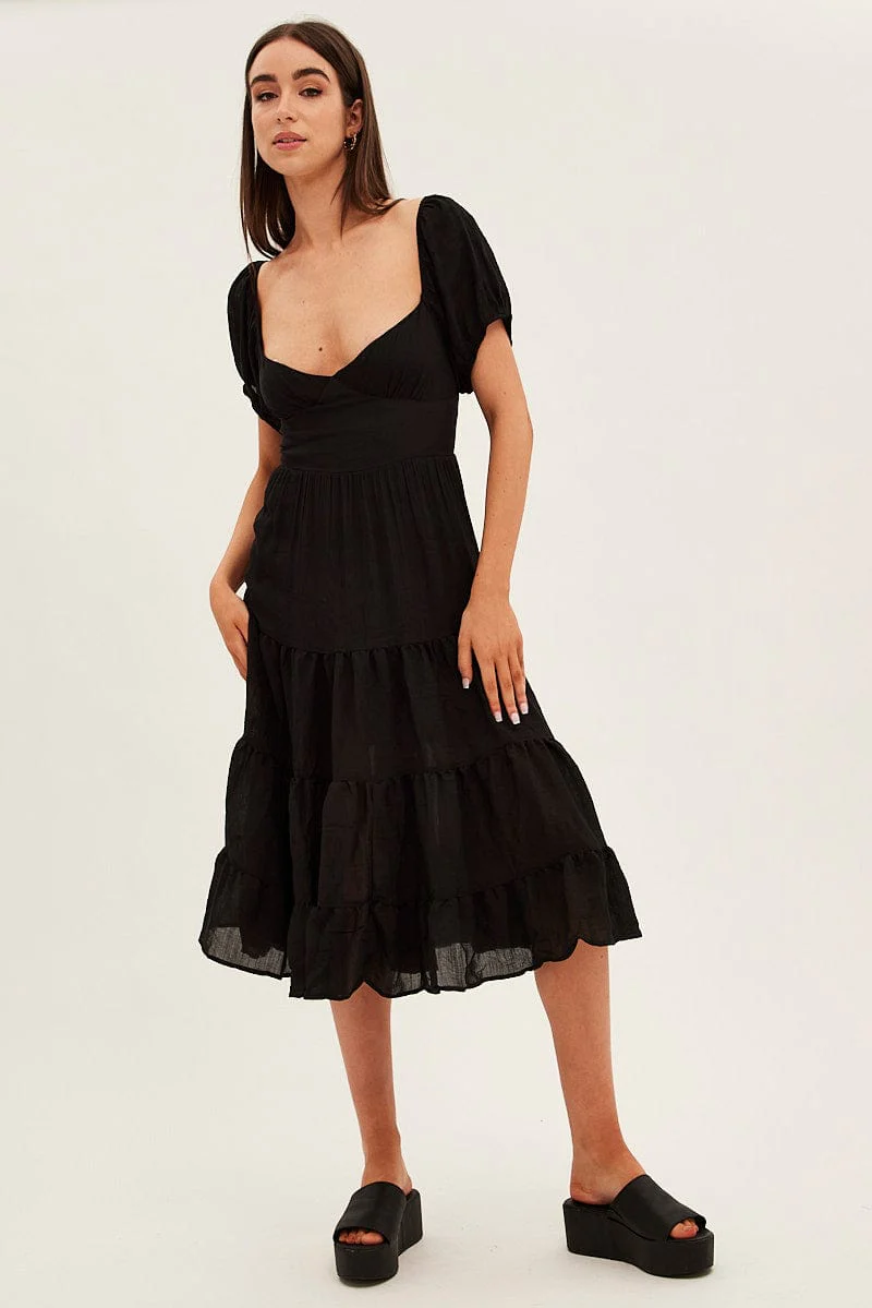 Black Midi Dress Short Sleeve V-Neck