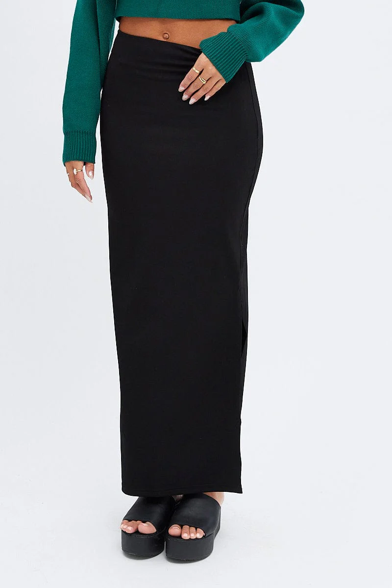 Black Maxi Skirt Low Rise Ponte