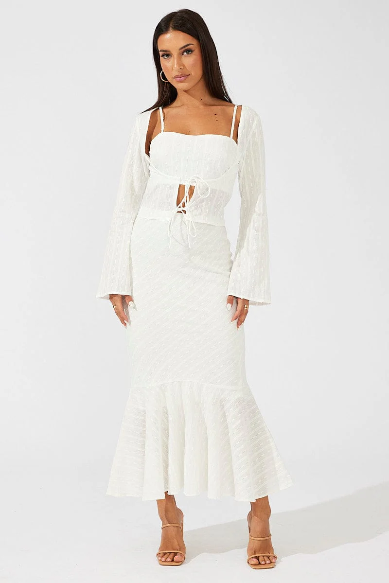 White Maxi Skirt High Waist Fit & Flare Textured Cotton