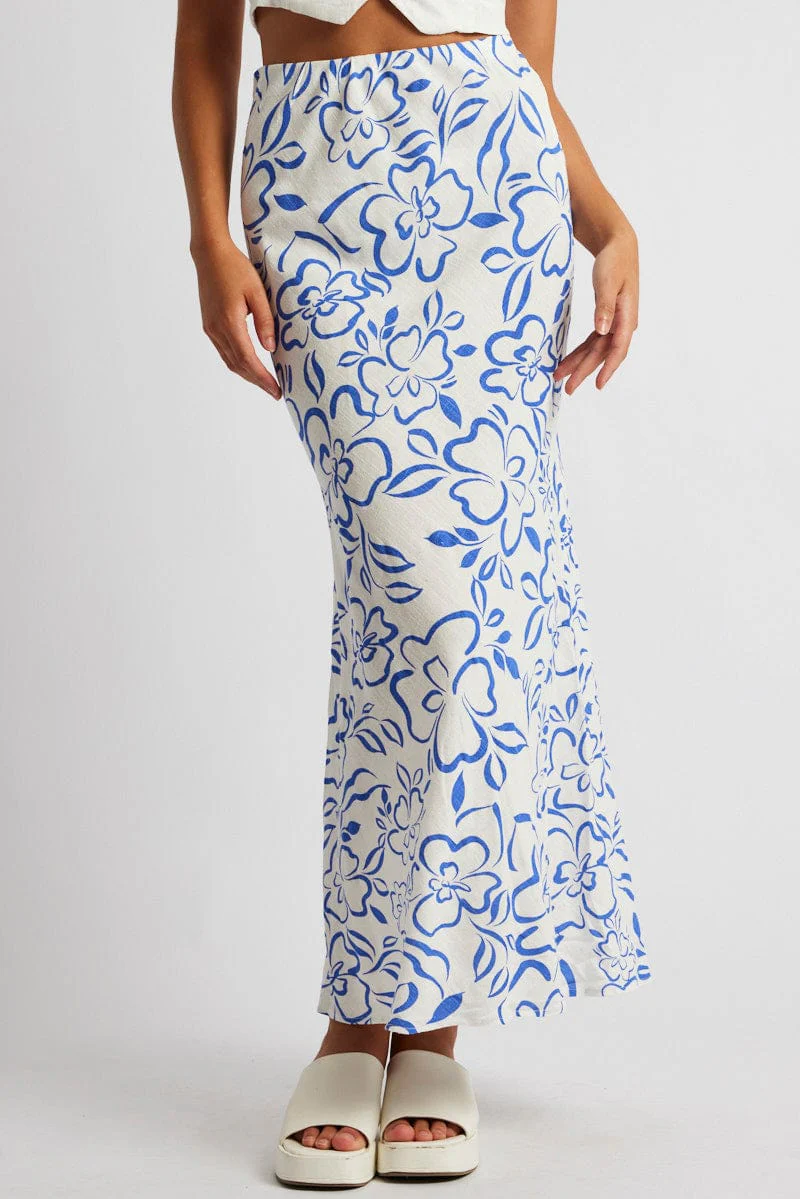 Blue Abstract Maxi Bias Skirt