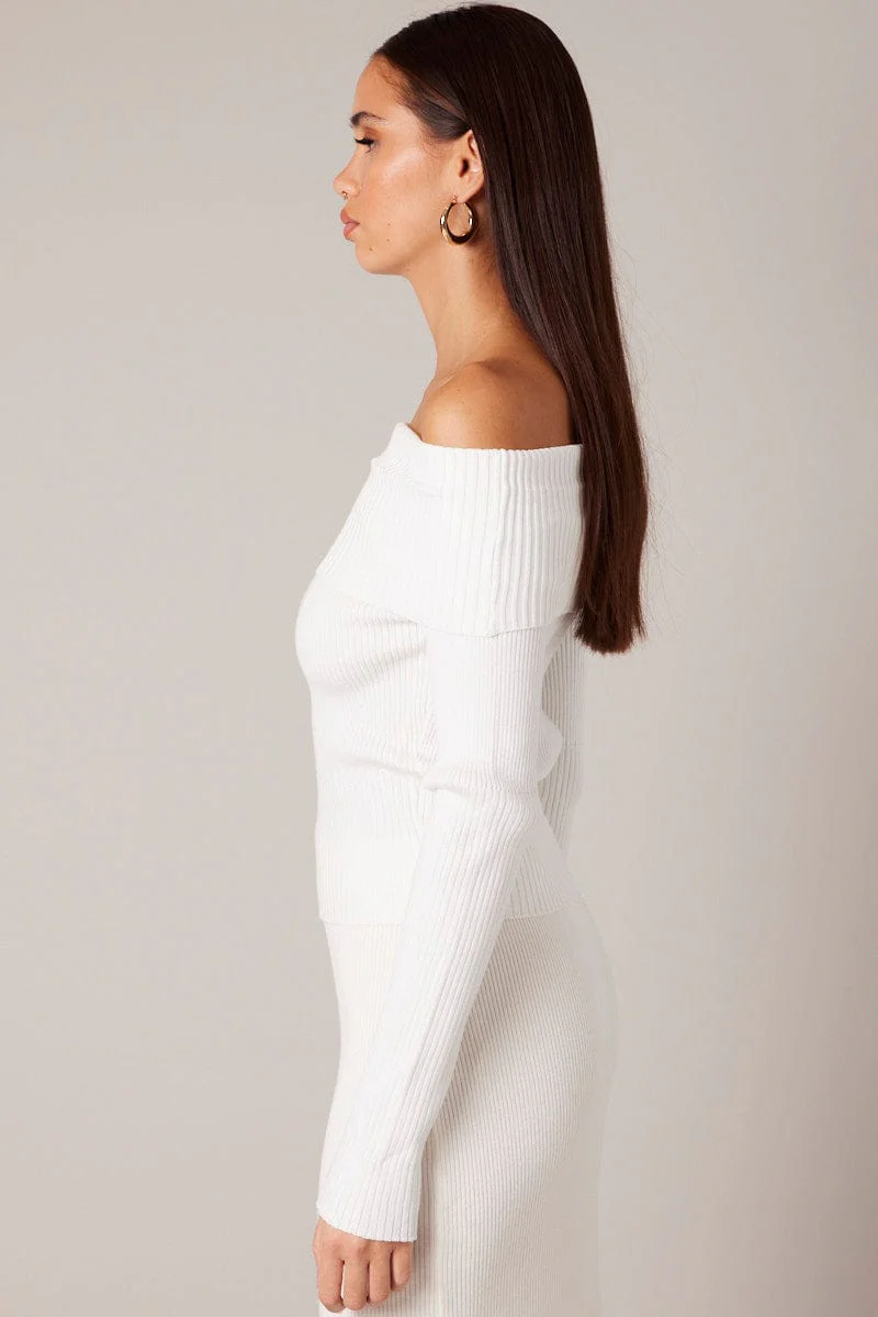 White Knit Top Long Sleeve Off Shoulder