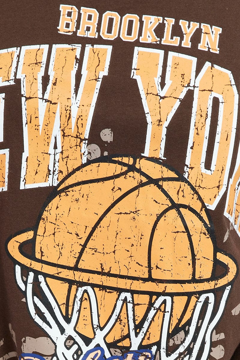 Brown Graphic Tee Short Sleeve Oversized Round Neck