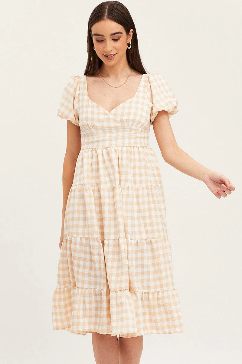 Check Midi Dress Short Sleeve Evening