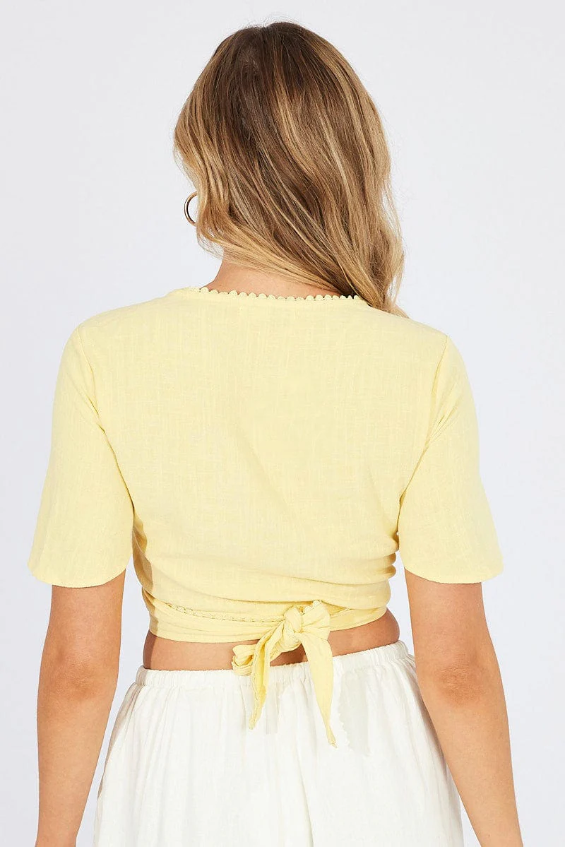 Yellow Tie Up Top Short Sleeve Linen