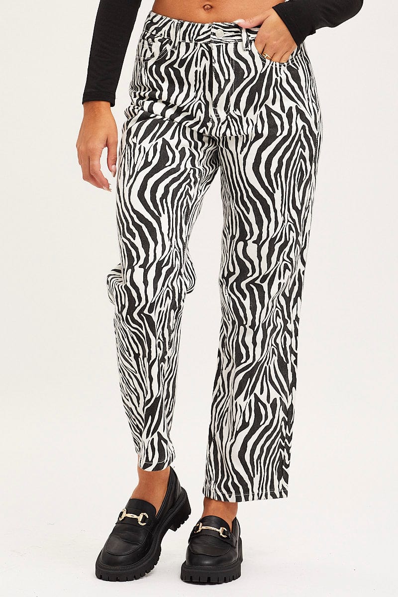 Print Straight Denim Jeans High Rise